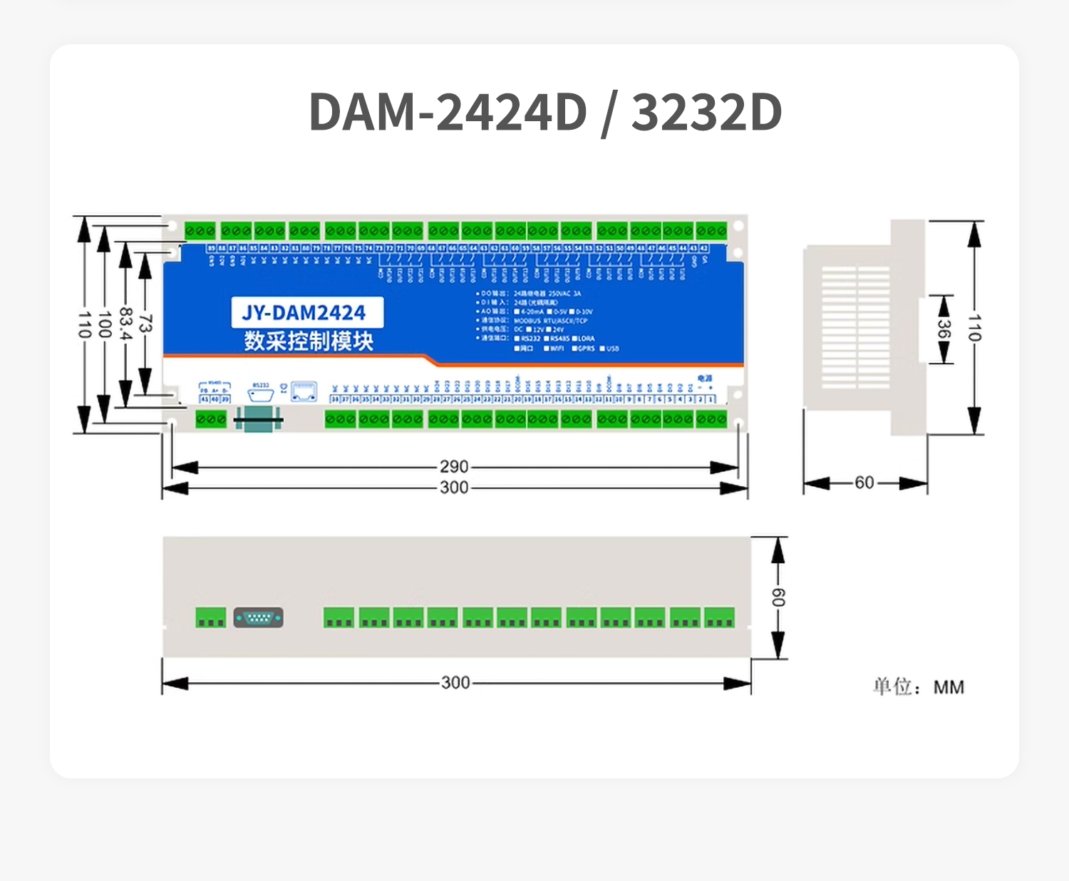 开关量对传系列产品尺寸DAM-2424D/3232D